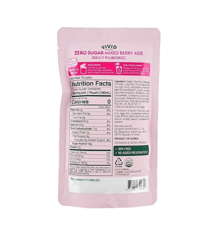 Vivid Kitchen Zero Sugar (Mixed Berry, Grapefruit, Lemonade, Peach Iced Tea, Muscat Grape )