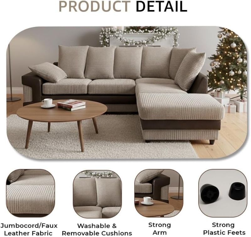 Brown & Beige Jumbo Cord L-Shape 4 Seater Corner Sofa – RH Scatter Back Sofa with Removable Footstool – Living Room Suite