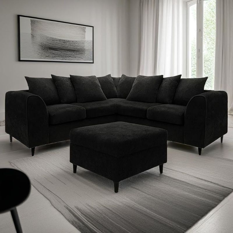 Alaska Black 5 Seater Corner Sofa – 2C2 Modular Scatter Back with Footstool | UK