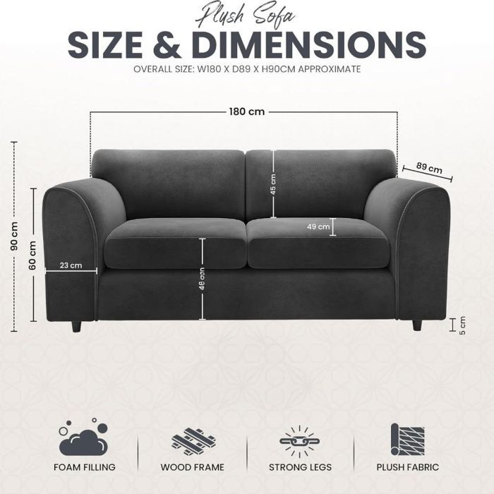 DELANO Plush Velvet 3 Seater Fullback Sofa - Black