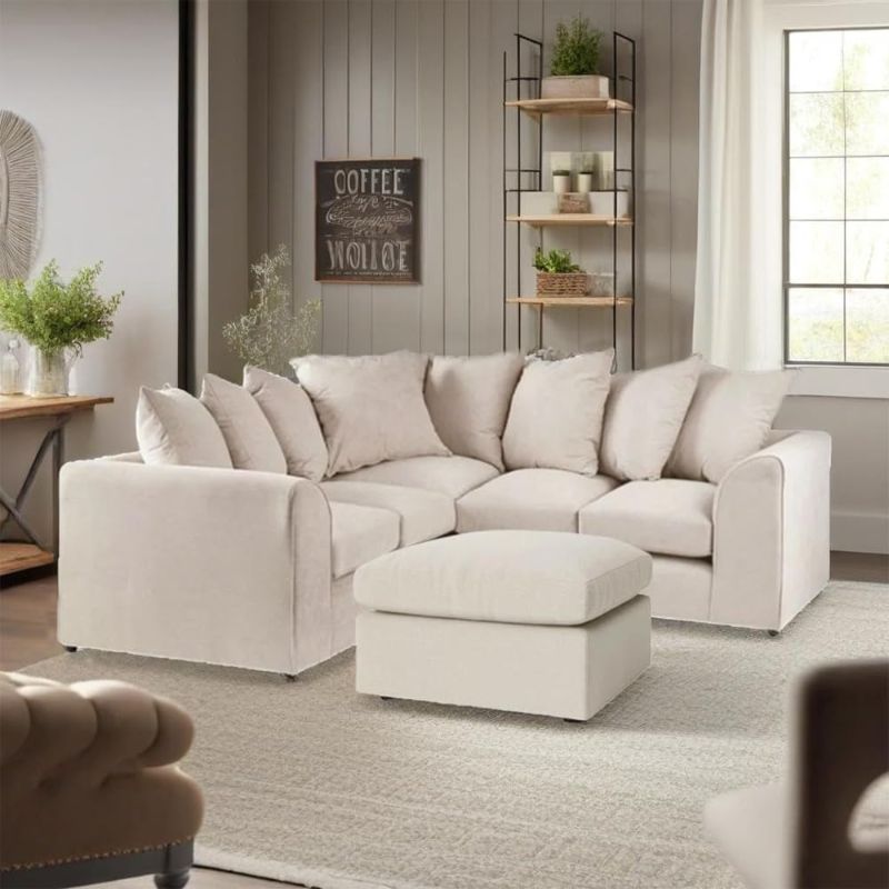 Cream 2C2 Corner Sofa | Modular 5 Seater L-Shape Cloud Couch | Dual Arm Scatter Back Set with Footstool for Living Room