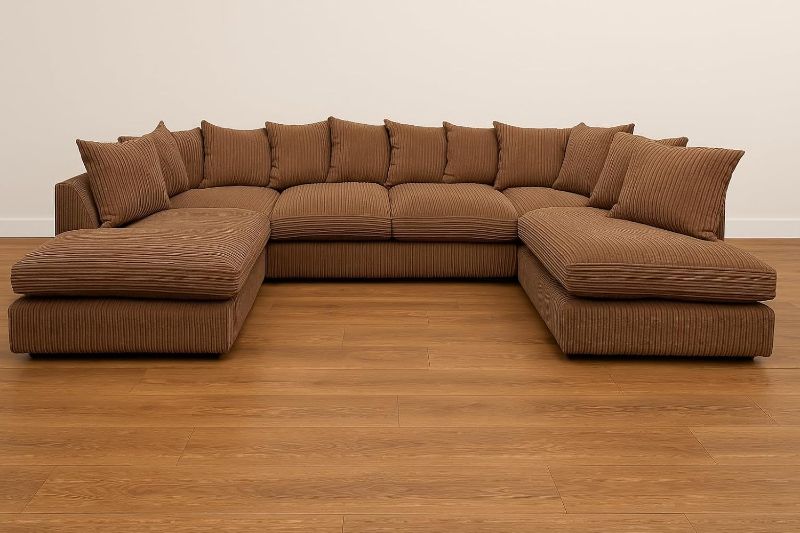 ✨ Jumbo Cord U-Shaped Sofa – Cream Scatter Back ✨