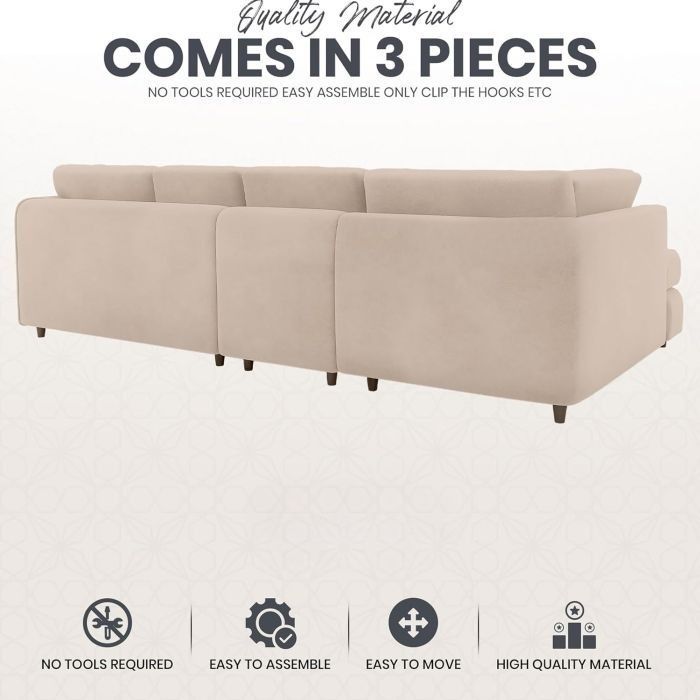 Delano Plush Velvet 5 Seater L-Shaped Corner Sofa – Cream | Left Hand Facing