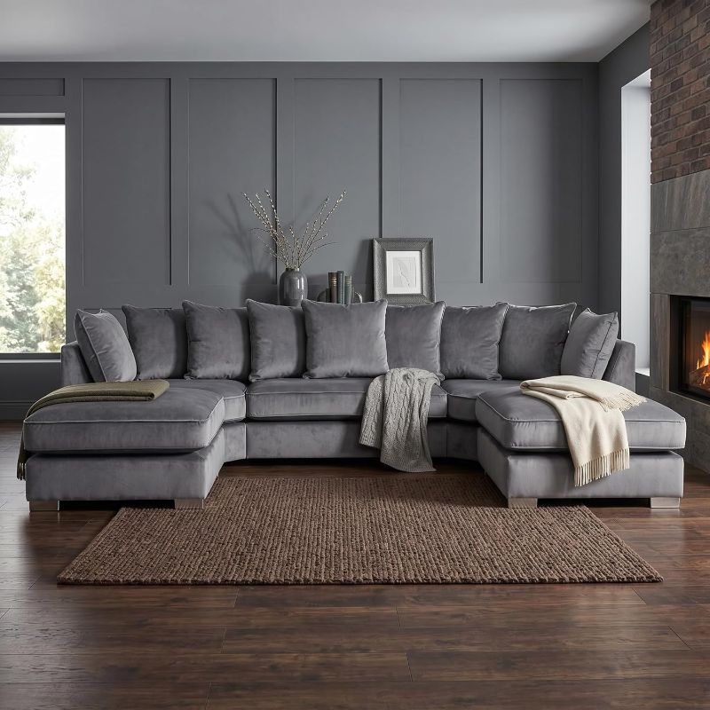 Bishop Plush Velvet U-Shape Sofa Set Large Sectional Suite (Grey, Scatter Back Cushions)