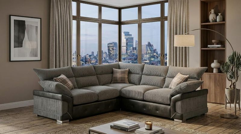 Logan Corner Sofa | 2C2 Leather & Fabric | Jumbo Cord 5 Seater | High Back Curved Arm Modern Settee for Living Room