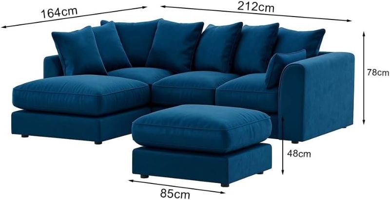 Blue Velvet Corner Sofa – 4 Seater L-Shape with Footstool, Curved Arm (Left Hand)