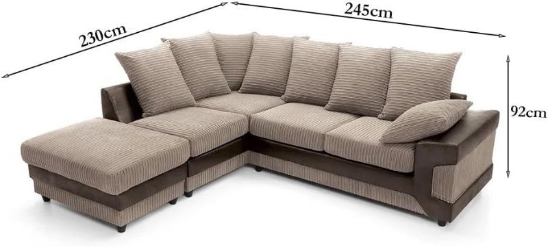 Brown & Beige Jumbo Cord L-Shape 4 Seater Corner Sofa – RH Scatter Back Sofa with Removable Footstool – Living Room Suite