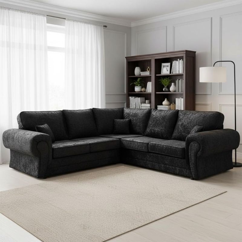 🛋️ Grey Plush Velvet 5 Seater 2C2 Corner Sofa with Footstool