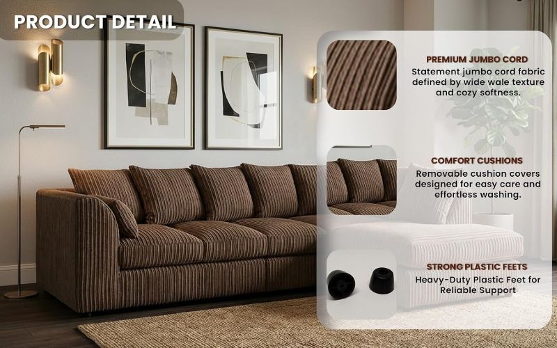 Right Hand Chaise Lounge | Scatter Back Cushions | Deep Foam Seats for Living Room (Brwon, Right Hand Corner)