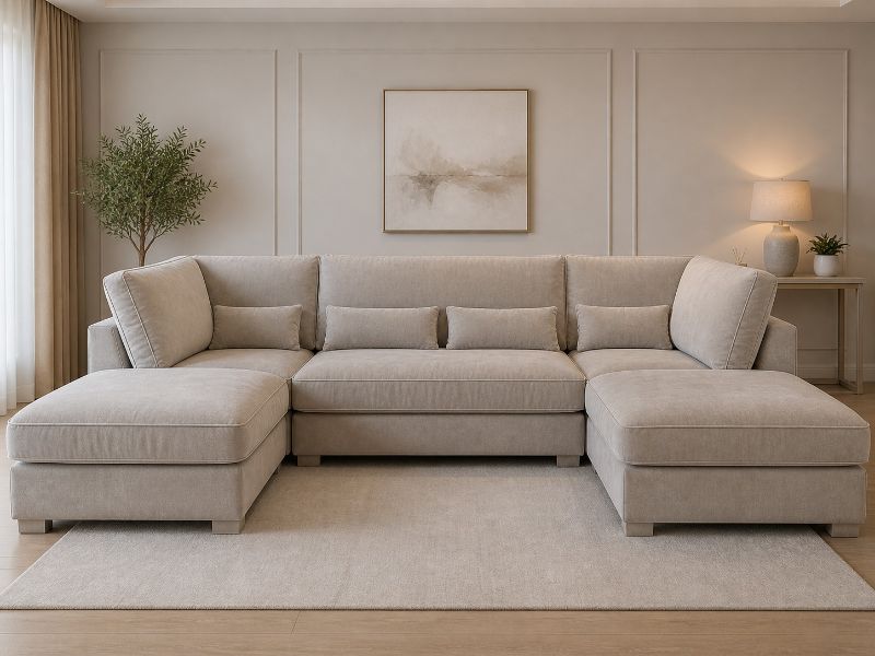 Bishop Beige Plush Velvet U Shape Sofa – Luxury Large Corner Suite with Deep Seating