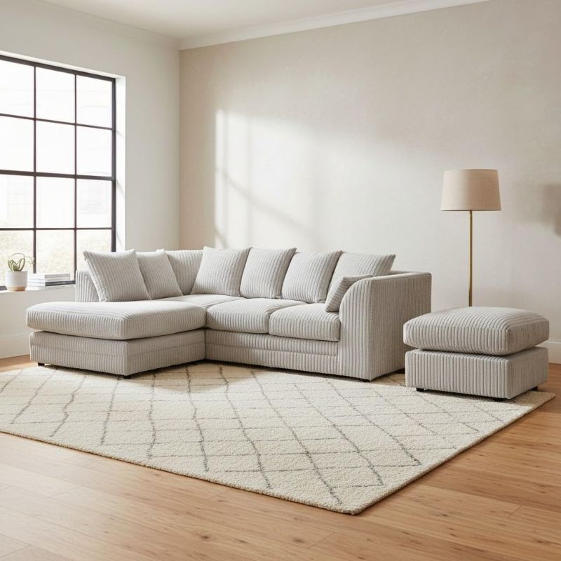 L-Shaped Jumbo Cord Corner Sofa Set with Footstool – 4 Seater Comfy Upholstered Sofa Suite – RH Facing & LH Facing