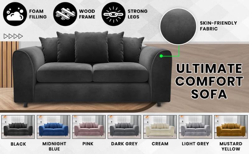 DELANO Plush Velvet 3 Seater Scatterback Sofa - Dark Grey