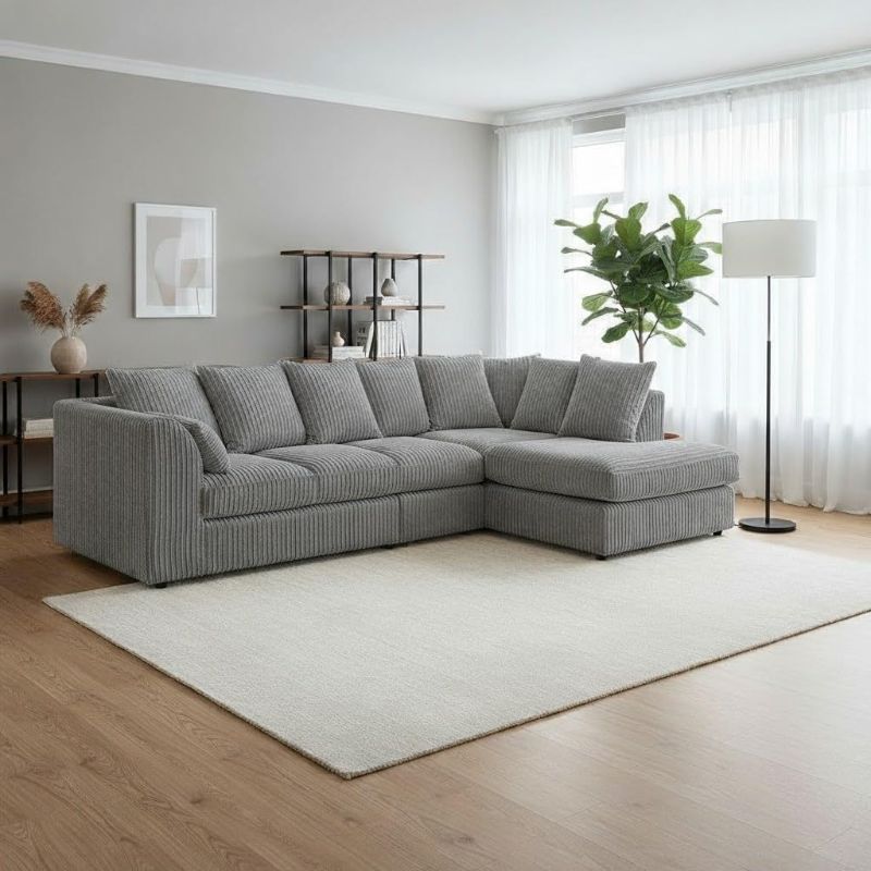 Right Hand Chaise Lounge | Scatter Back Cushions | Deep Foam Seats for Living Room (Grey, Right Hand Corner)