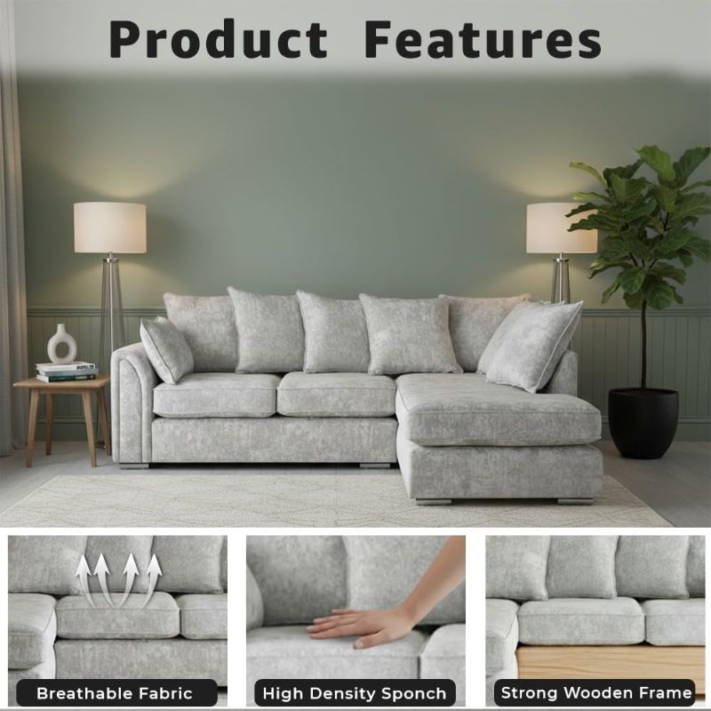 Grey Corner Sofa with Footstool | L-Shape 4 Seater | Pearl Alaska Fabric | Right-Hand Sectional Scatter Back Sofa (RH)
