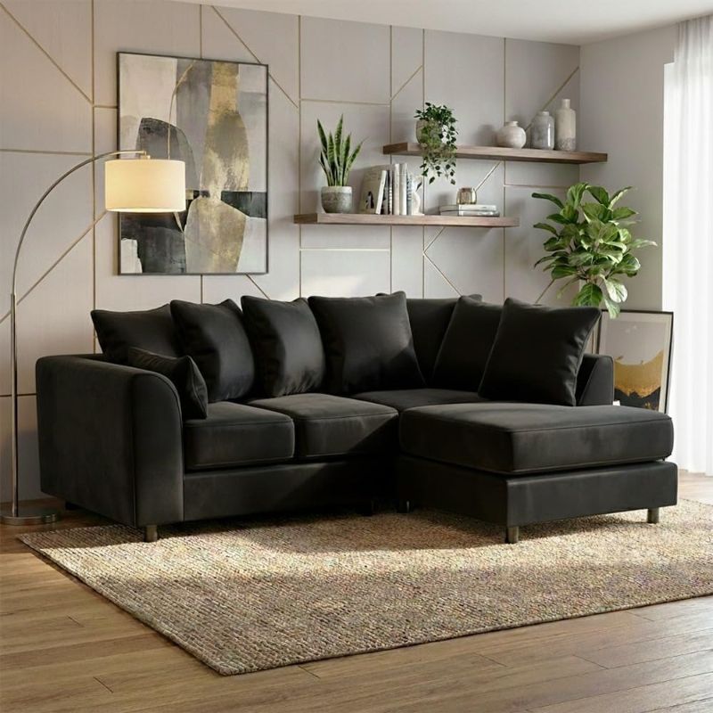 Black Plush Velvet L-Shape Corner Sofa – 4 Seater RH Facing Modular Sectional – Scatter Back Curved Arm Living Room Couch