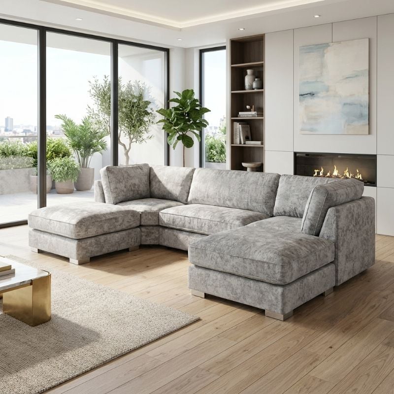 Bishop U Shape Full Back Corner Sofa – Truffle & Platinum 5 Seater