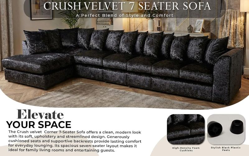Crushed Velvet 7 Seater Corner Sofa (Black, LH facing)