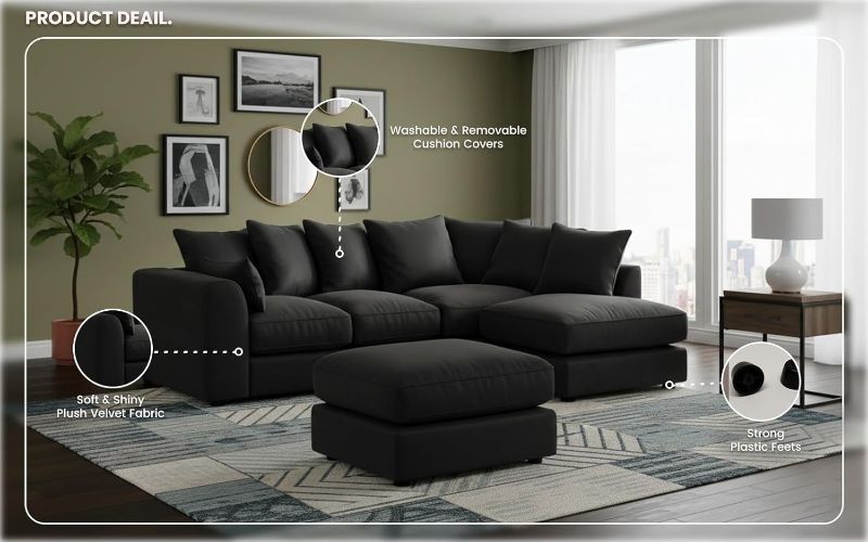 Black Velvet Corner Sofa – 4 Seater L-Shape with Footstool (Right Hand)