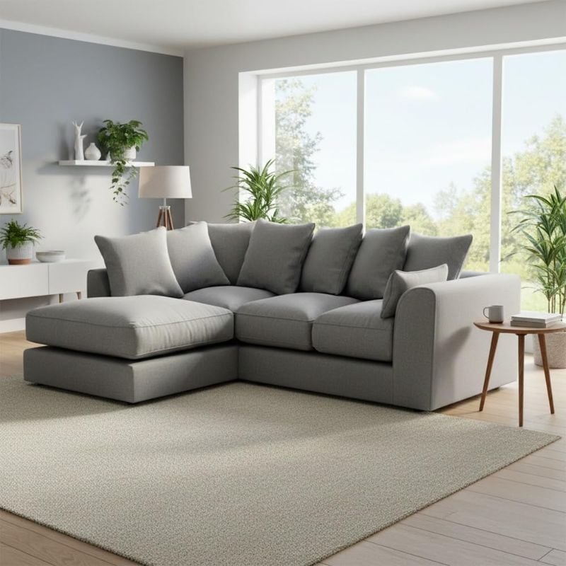 Jumbo Chenille L-Shaped Corner Sofa – Light Grey | 3–4 Seater | Left/Right Hand Chaise | Deep Seats | Wide Padded Arms | Modern Curved Design
