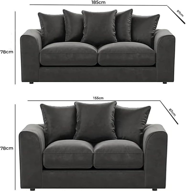Grey Plush Velvet Sofa Set | 3+2 Seater Modular Suite | Dual Arm Soft Fabric Couch for Living Room
