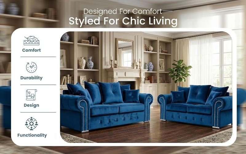 Soft Blue Plush Velvet 3+2 Seated Fabric Sofas Suite