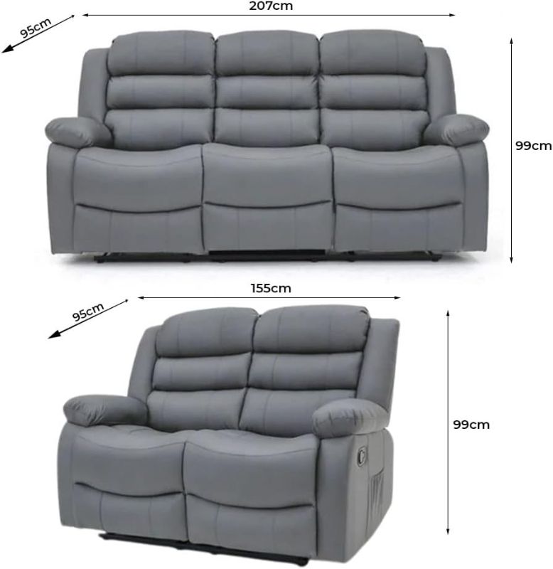 Roma Grey Recliner Sofa Set 3+2 Seater – Faux Leather Reclining Sofa with Cup Holders