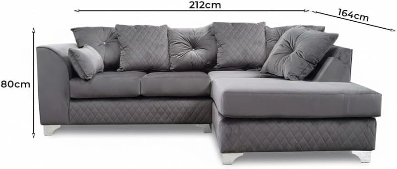 Grey Plush Velvet L-Shape Corner Sofa – 3–4 Seater – RH/LH Facing – Scatter Back Cushions – Chrome Feet (Grey)