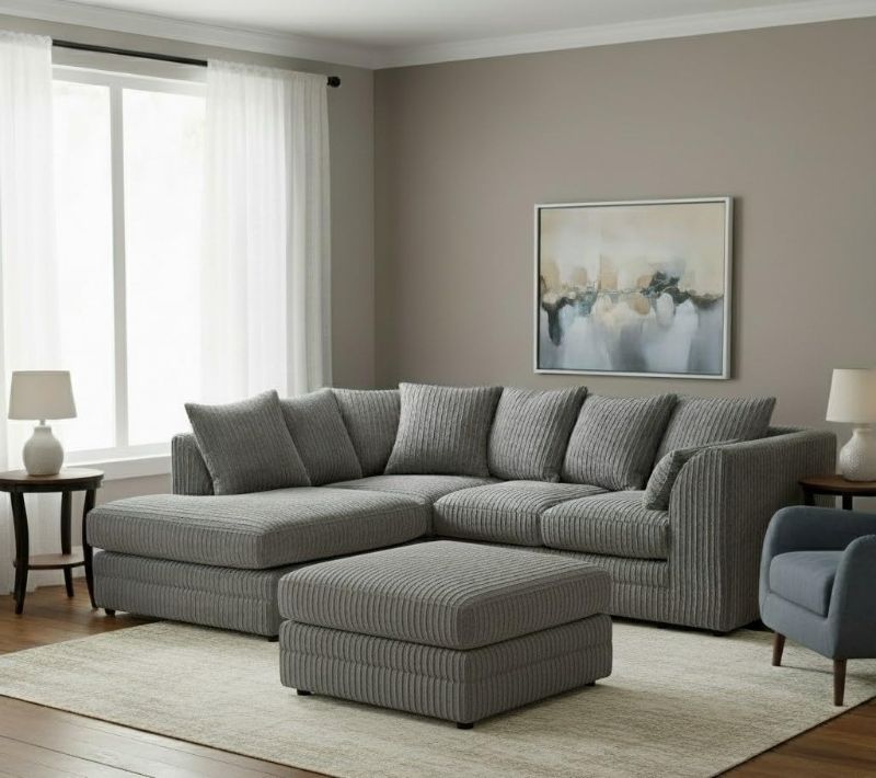 L-Shaped Jumbo Cord Corner Sofa Set with Footstool – 4 Seater Comfy Upholstered Sofa Suite – RH Facing & LH Facing