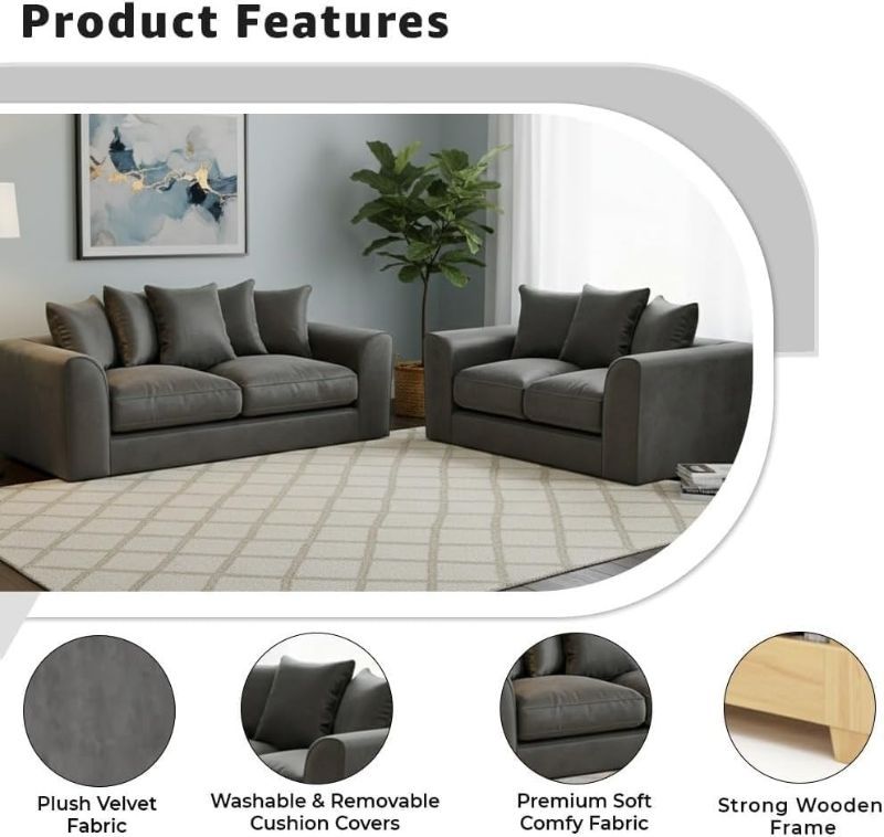 Grey Plush Velvet Sofa Set | 3+2 Seater Modular Suite | Dual Arm Soft Fabric Couch for Living Room
