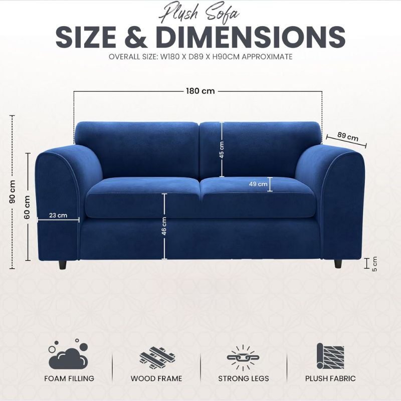 DELANO Plush Velvet 3 Seater Fullback Sofa - Midnight Blue