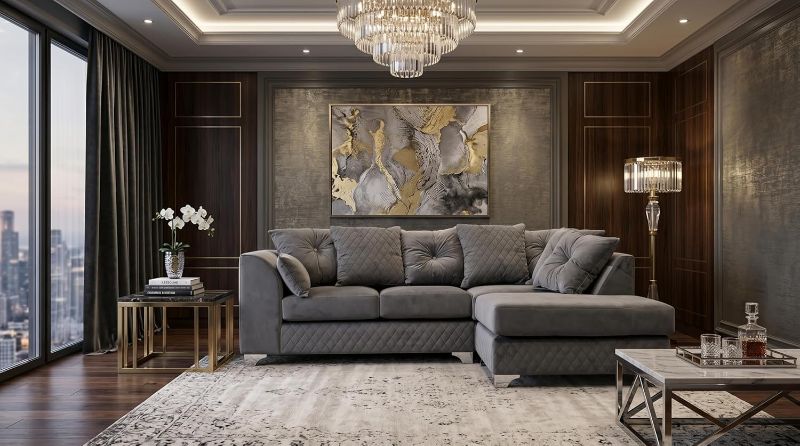 Grey Plush Velvet L-Shape Corner Sofa – 3–4 Seater – RH/LH Facing – Scatter Back Cushions – Chrome Feet (Grey)
