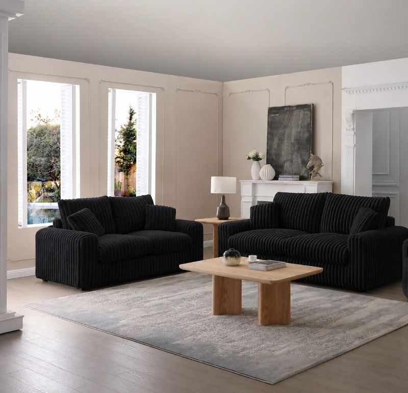 Dylan Plush Thick Cord Sofa Set – 3 Seater & 2 Seater – Black