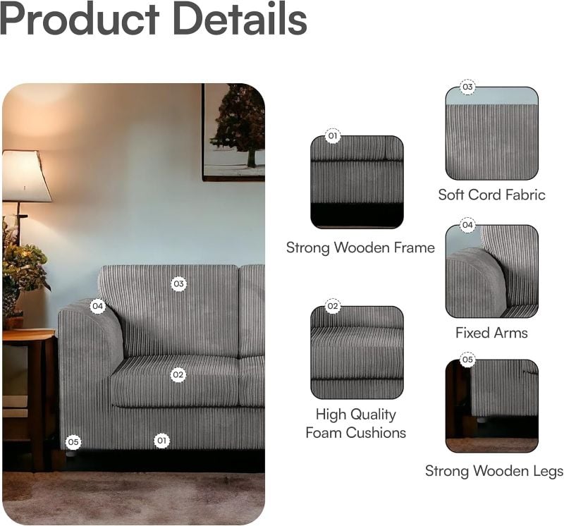 Dylan Jumbo cord Full Back Corner sofa (Grey, Right Hand Corner)