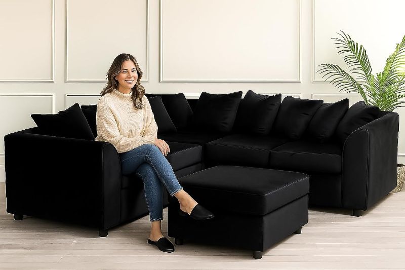 Plush Velvet 2C2 Corner Sofa – 5 Seater High Back Sectional with Footstool | UK