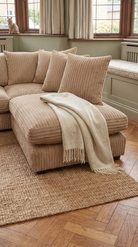 Bishop Jumbo Cord U-Shape Beige Scatter Back Sofa – Large Corner Sofa UK