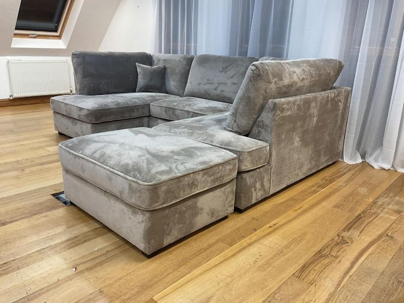 Grey U Shaped Sofa Set | Large Sectional Cinema Sofa | Plush Velvet 4pc High Back Sofabed with Footstool for Living Room
