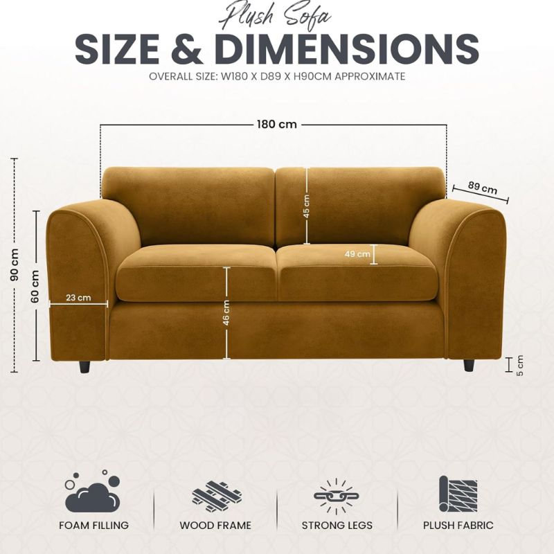 DELANO Plush Velvet 3 Seater Fullback Sofa - Mustard