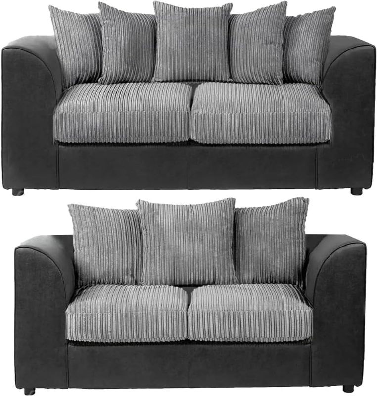 Grey & Black Jumbo Cord Corner Sofa Set – 4 Seater L-Shape Scatter Back Couch (3+2 Set)