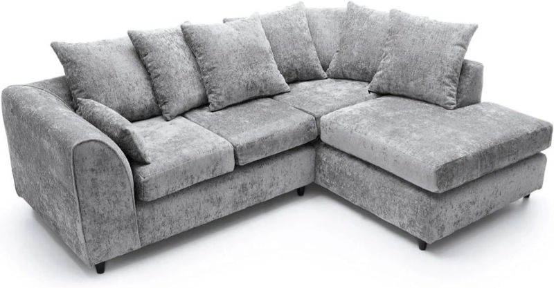 Light Grey Chenille L-Shaped Corner Sofa – Modular 4 Seater Chaise Suite – RH/LH Facing Scatter Back Curved Arm Couch (Alaska)
