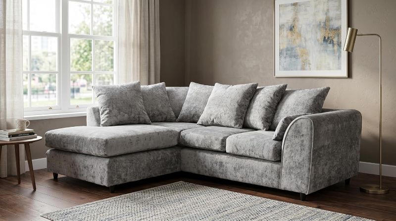 Light Grey Chenille L-Shaped Corner Sofa – Modular 4 Seater Chaise Suite – RH/LH Facing Scatter Back Curved Arm Couch (Alaska)