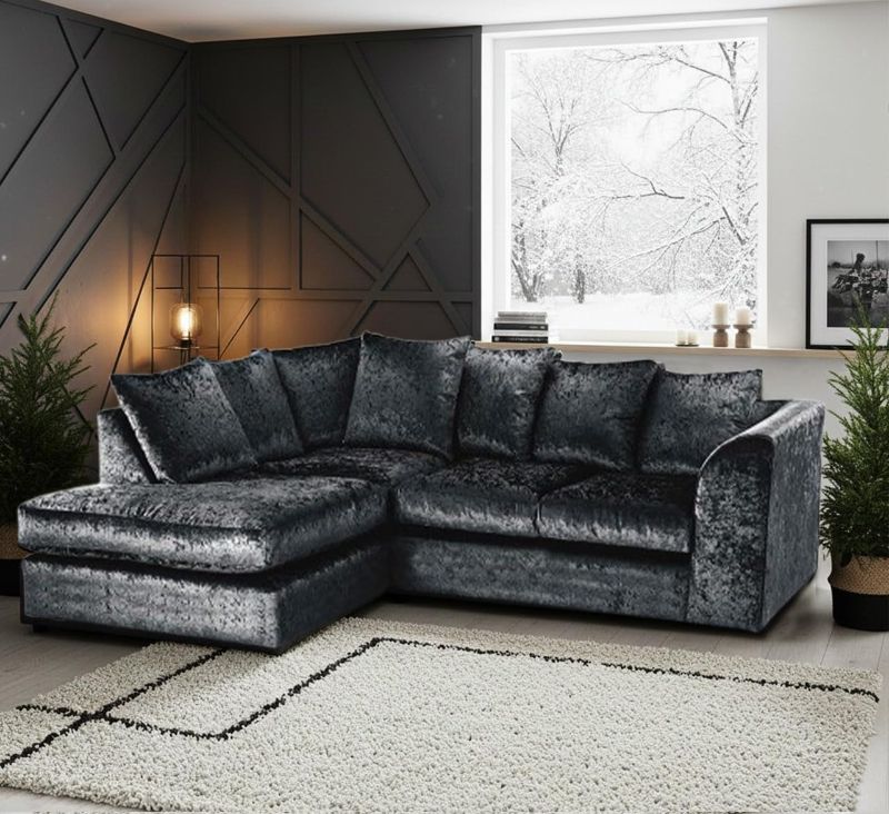 Black Crushed Velvet 4 Seater Corner Sofa – L Shape Scatter Back | Left & Right Hand UK