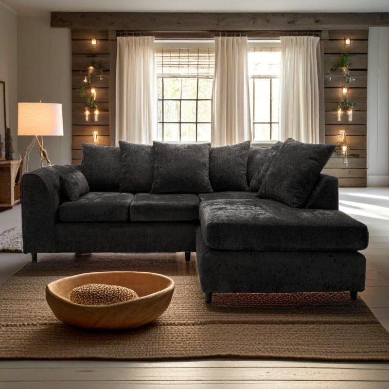 Black Alaska L-Shaped 4 Seater Corner Sofa – Left or Right Hand Facing Sectional Scatter Back Couch for Living Room