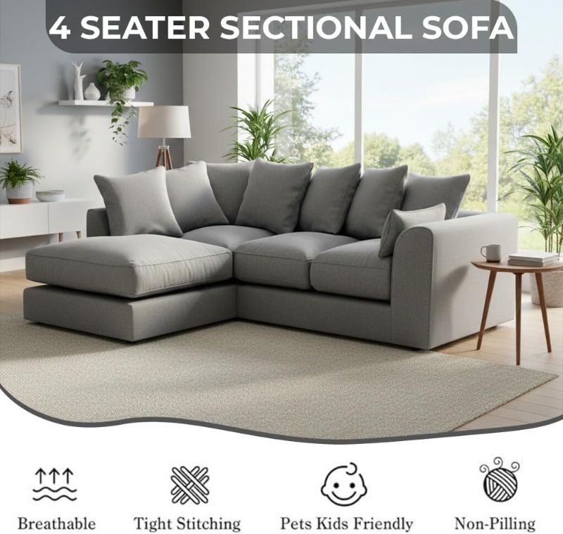 Jumbo Chenille L-Shaped Corner Sofa – Light Grey | 3–4 Seater | Left/Right Hand Chaise | Deep Seats | Wide Padded Arms | Modern Curved Design