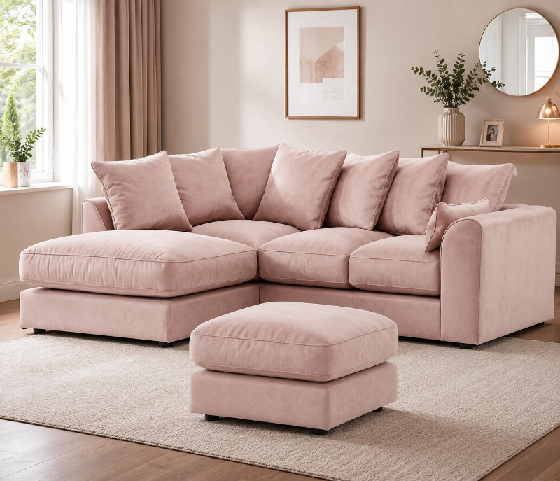 Pink Plush Velvet Corner Sofa – Scatter Back L Shape | Left & Right Hand UK
