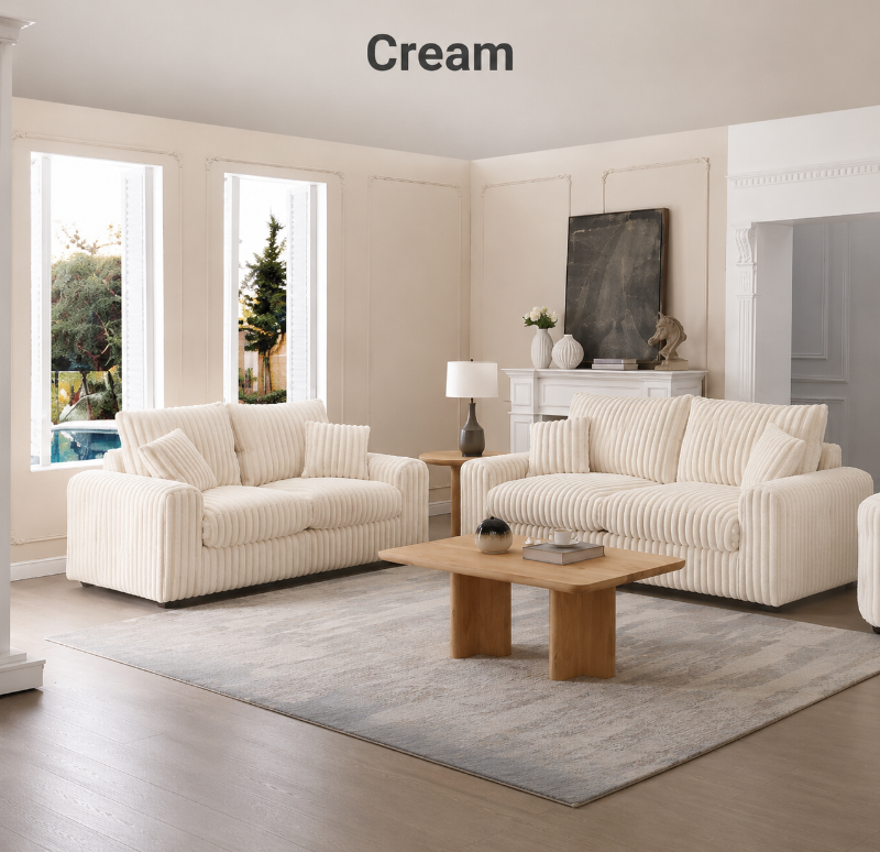 Dylan Thick Cord Fabric 3+2 Seater Sofa Set in Cream