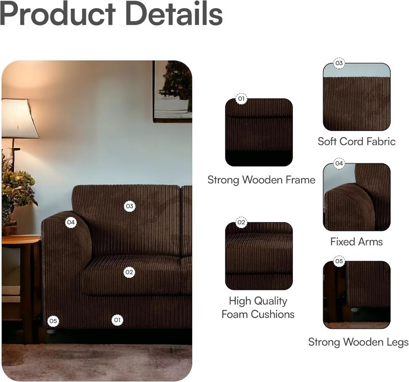 Dylan Jumbo cord Full Back Corner sofa (Brown, Left Hand Corner)