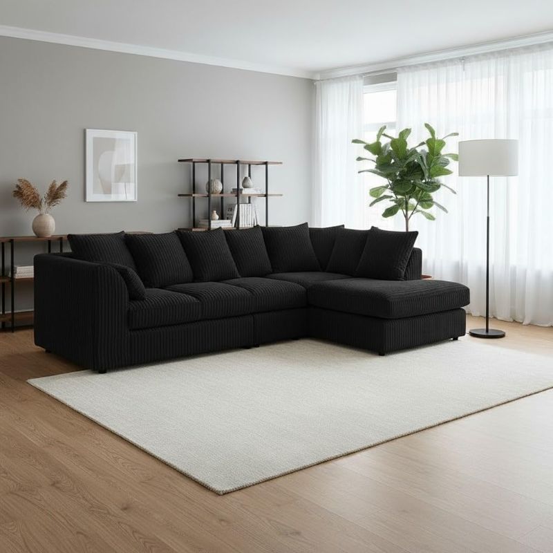 Right Hand Chaise Lounge | Scatter Back Cushions | Deep Foam Seats for Living Room (Black, Right Hand Corner)