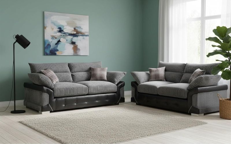 Logan Corner Sofa Set | 3+2 Seater Jumbo Cord & Faux Leather | High Back Cushioned Lounge Settee for Living Room