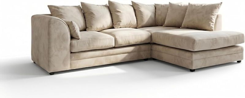 Grey & Beige L-Shape Corner Sofa | 4 Seater Modular 2pc Suite | Casper Fabric Curved Arm Settee (Right Hand)