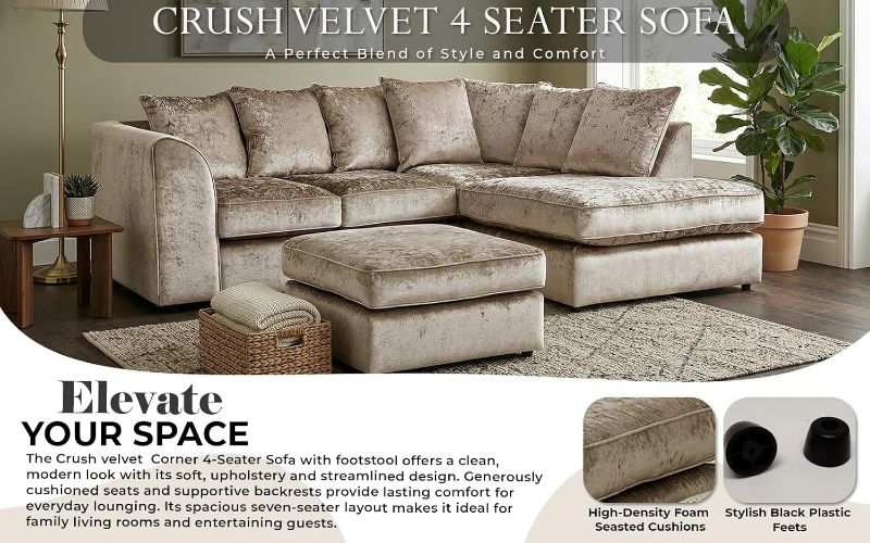 Mink Crushed Velvet L-Shape Corner Sofa with Footstool | 3–4 Seater | Memory Foam Cushions | Left or Right Hand Facing Modern Sectional Sofa